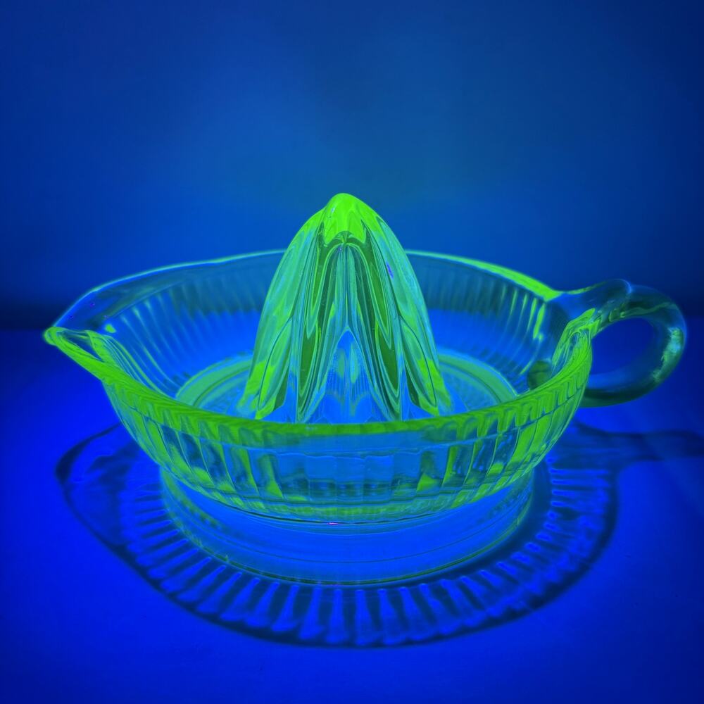 Vintage Green Uranium Glass Juicer Reamer Ribbed UV Glow Depression 1930s Spout